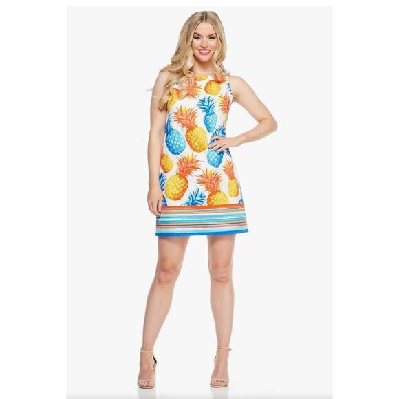 New! London Times Women's 4 Aloha Pineapple Print Sleeveless Sheath Dress - Picture 1 of 4